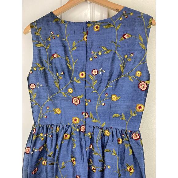 Lena Medoyeff Women's M Blue Embroidered Floral Sleeveless Silk Midi Dress - Picture 4 of 7